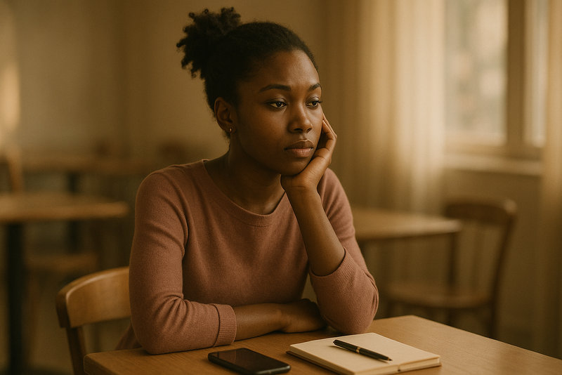 contemplative moment in sunlit café